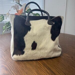 Mark & Graham Cowhide Tote in Black and White with Brown Leather Handles